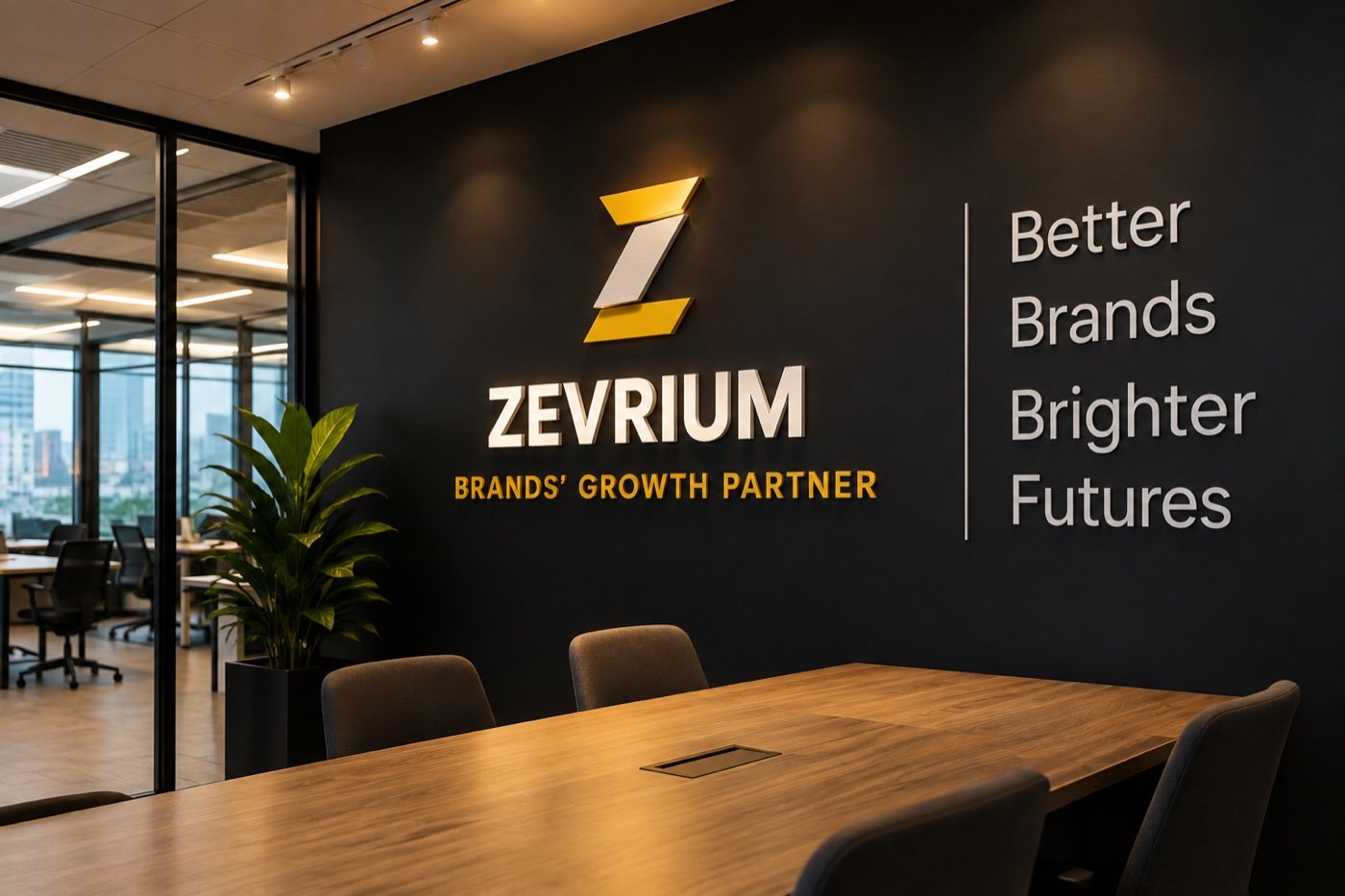 The Zevrium office meeting room, with the ZEVRIUM Brands' Growth Partner wall sign and the words Better Brands, Brighter Futures